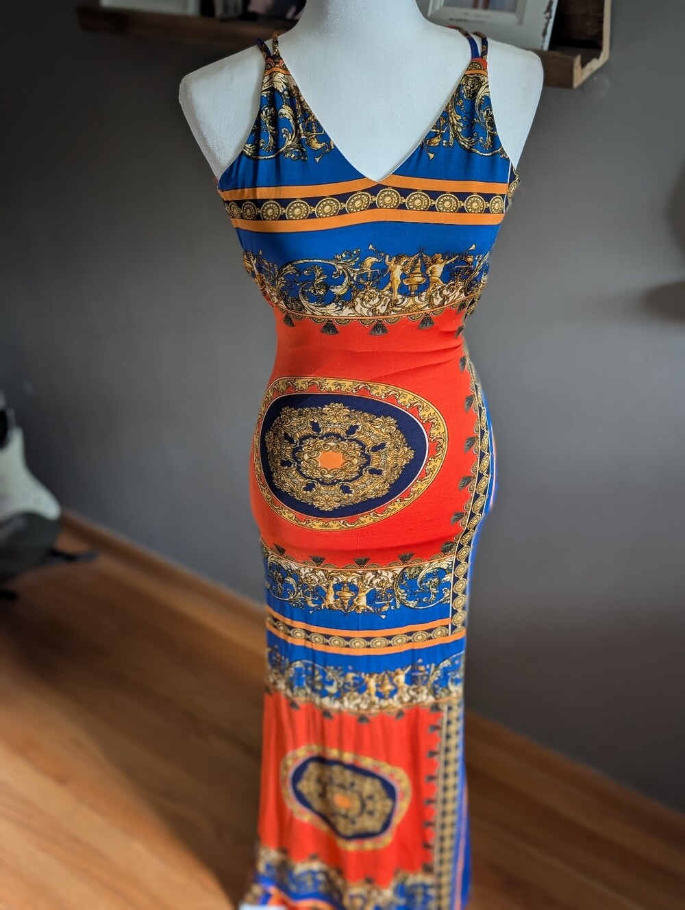 Love Nation Baroque Scarf Print Maxi Dress Size Small Orange Blue Strappy Back